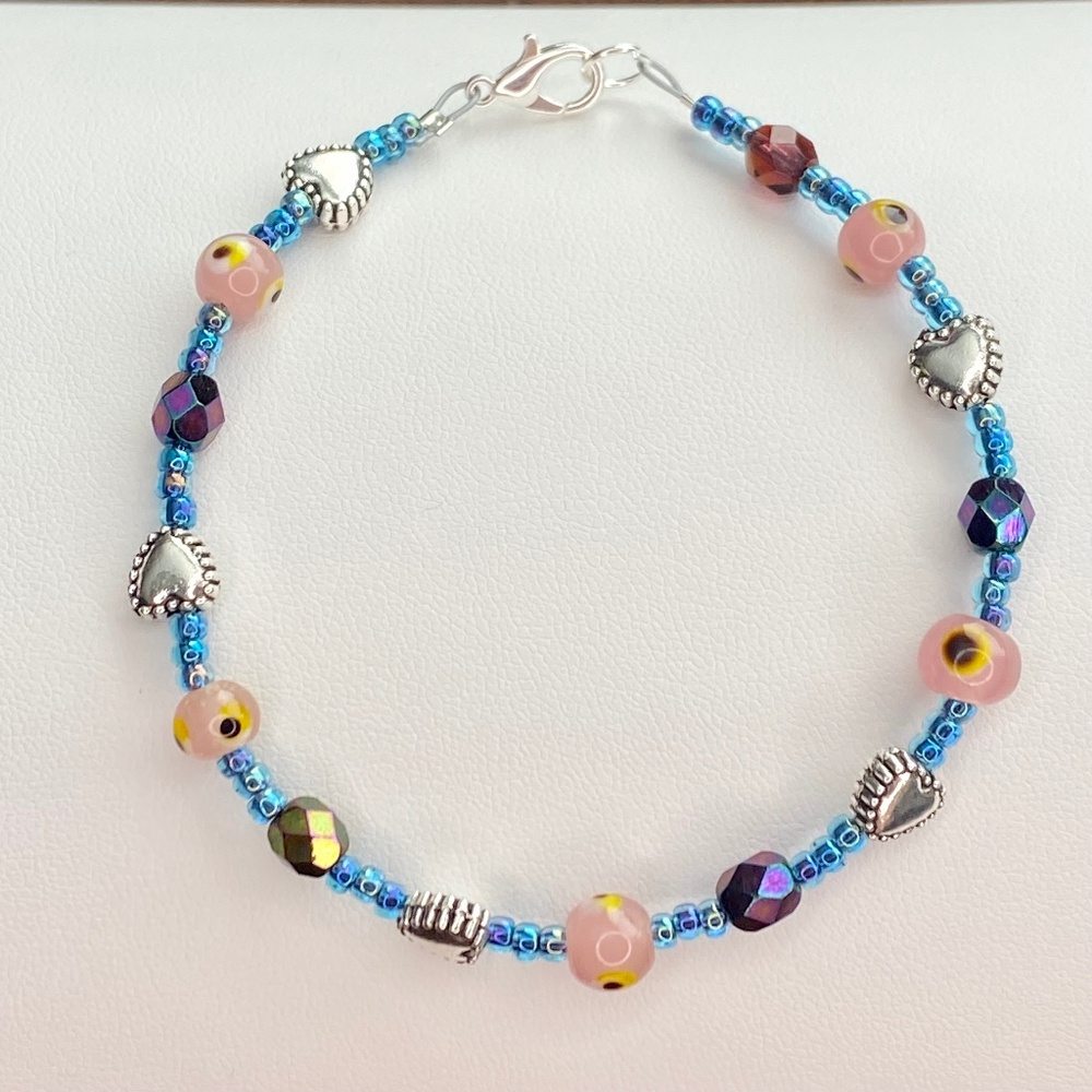 Handcrafted Pink Blue & Silver Hearts Beaded Bracelet